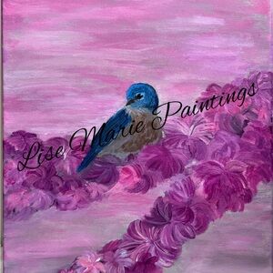 Bluebird on Pink Floral Canvas Acrylic Painting Original by Artist